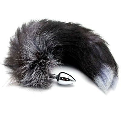 Серебристая анальная пробка с темным лисьим хвостом Black   White Fox Tail Size S от Adrien Lastic