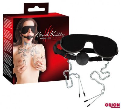 Маска с кляпом и зажимами для сосков Bad Kitty от Orion