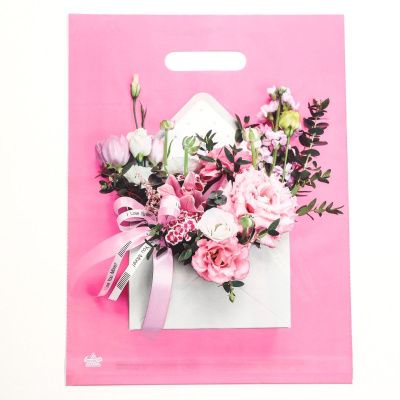 Розовый пакет с цветочным принтом и вырубной ручкой (40х31 см) от Сима-Ленд
