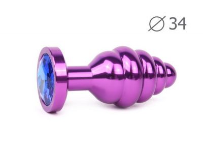 Коническая ребристая фиолетовая анальная втулка с синим кристаллом - 8 см. от Anal Jewelry Plug
