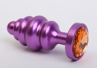 Фиолетовая ребристая анальная пробка с жёлтым кристаллом - 7,3 см. от 4sexdreaM