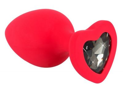 Красная силиконовая анальная пробка с черным стразом-сердечком - 9,3 см. от Orion