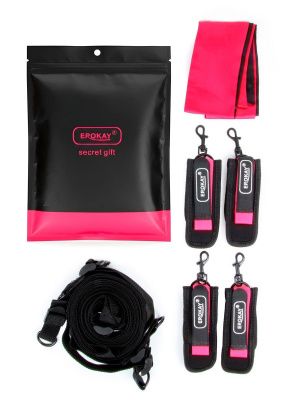 Черно-розовый эротический набор: фиксатор, оковы, наручники, повязка от Erokay