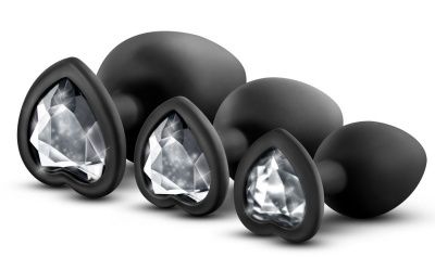 Набор из 3 черных пробок с прозрачным кристаллом-сердечком Bling Plugs Training Kit от Blush Novelties
