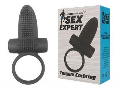 Чёрное эрекционное кольцо с вибрацией и язычком Sex Expert от Bior toys