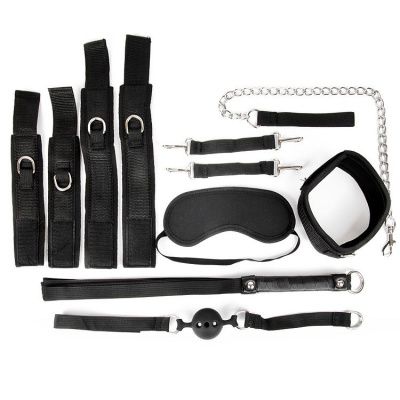 Черный текстильный набор БДСМ: наручники, оковы, ошейник с поводком, кляп, маска, плеть от Bior toys