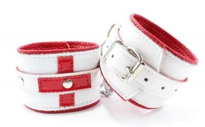 Бело-красные кожаные наручники для медсестры от БДСМ Арсенал