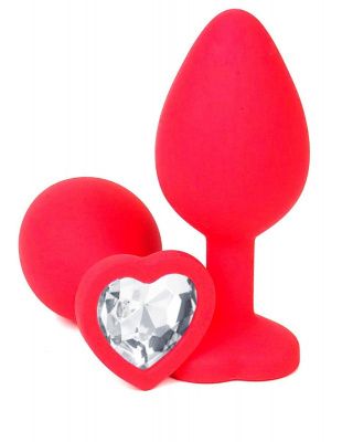 Красная силиконовая анальная пробка с прозрачным стразом-сердцем - 10,5 см. от Vandersex