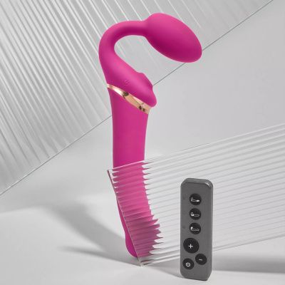 Ярко-розовый безремневой страпон Multi Orgasm Bendable Strap-On size L с клиторальной стимуляцией от Strap-on-me