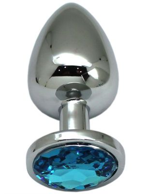 Серебристая анальная пробка с голубым кристаллом - 9 см. от Eroticon