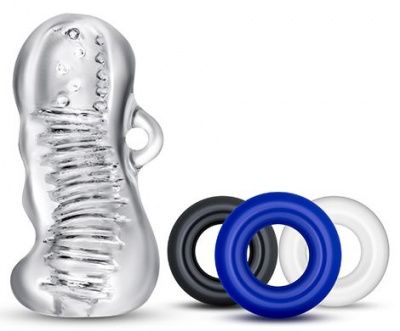 Набор для мужчин Jerk Off: мастурбатор и 3 эрекционных кольца от Blush Novelties