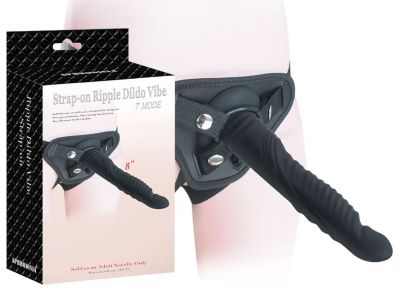 Черный страпон 8 inch Strap-on Ripple Dildo Vibe - 21 см. от Howells