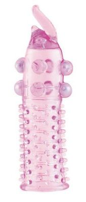 Гелевая розовая насадка с шариками, шипами и усиком - 11 см. от ToyFa