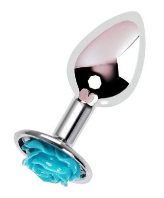 Серебристая анальная пробка с голубой розочкой - 8 см. от ToyFa