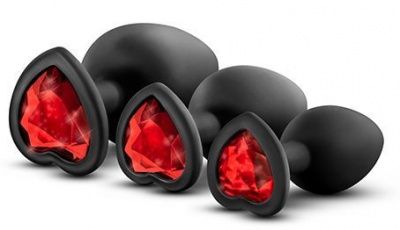 Набор черных анальных пробок с красным кристаллом-сердечком Bling Plugs Training Kit от Blush Novelties