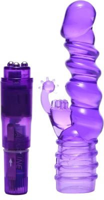 Фиолетовая виброракета с насадкой-кроликом Ribbed Rabbit Vibrator - 21,6 см. от XR Brands