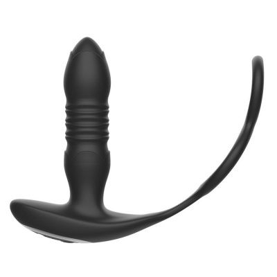 Черный анальный вибромассажёр с возвратно-поступательными движениями и кольцами для фиксации от I-MOON