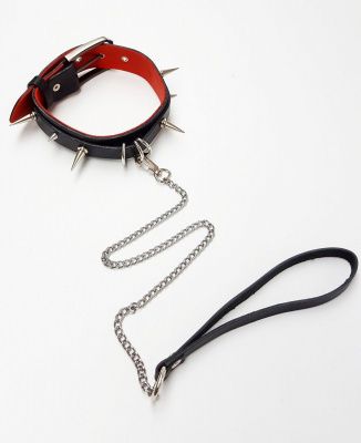 Черно-красный ошейник Pit Bull с шипами и поводком от BDSM96