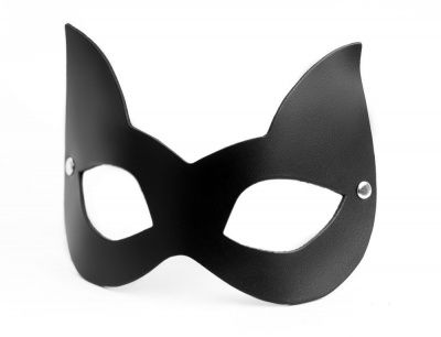 Черная кожаная маска с прорезями для глаз и ушками от БДСМ Арсенал