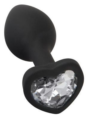 Черная силиконовая анальная пробка с прозрачным стразом-сердечком - 7,3 см. от Orion