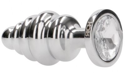 Серебристая анальная пробка с прозрачным кристаллом Ribbed Diamond Plug - 7,3 см. от Shots Media BV