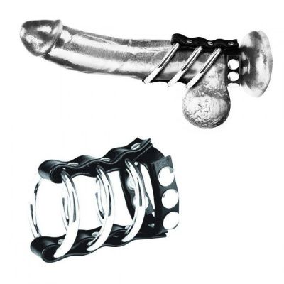 Тройное металлическое кольцо на пенис с регулируемым ремешком от BlueLine