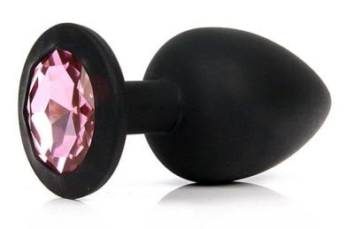 Чёрная силиконовая пробка с розовым кристаллом размера L - 9,2 см. от Vandersex