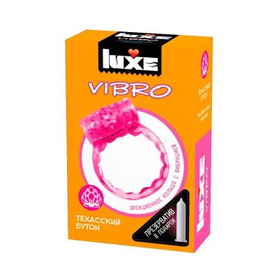 Розовое эрекционное виброкольцо LUXE VIBRO  Техасский бутон  + презерватив от Luxe