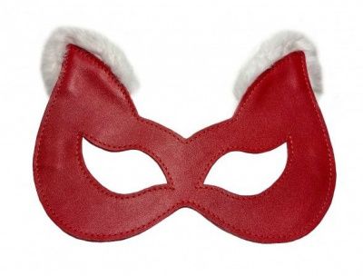 Красная маска из натуральной кожи с белым мехом на ушках от БДСМ Арсенал
