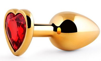 Золотистая анальная пробка с красным стразом-сердечком - 8 см. от Anal Jewelry Plug