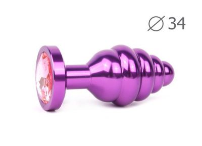 Коническая ребристая фиолетовая анальная втулка с розовым кристаллом - 8 см. от Anal Jewelry Plug