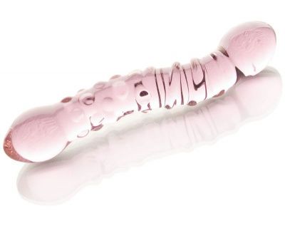Двусторонний розовый фаллос  с рёбрами и точками - 19,5 см. от Sexus Glass