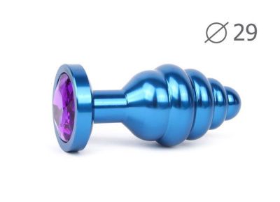 Коническая ребристая синяя анальная втулка с кристаллом фиолетового цвета - 7,1 см. от Anal Jewelry Plug