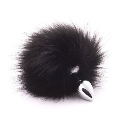 Серебристая анальная пробка с черным хвостиком из искусственного меха от Crazy Handmade
